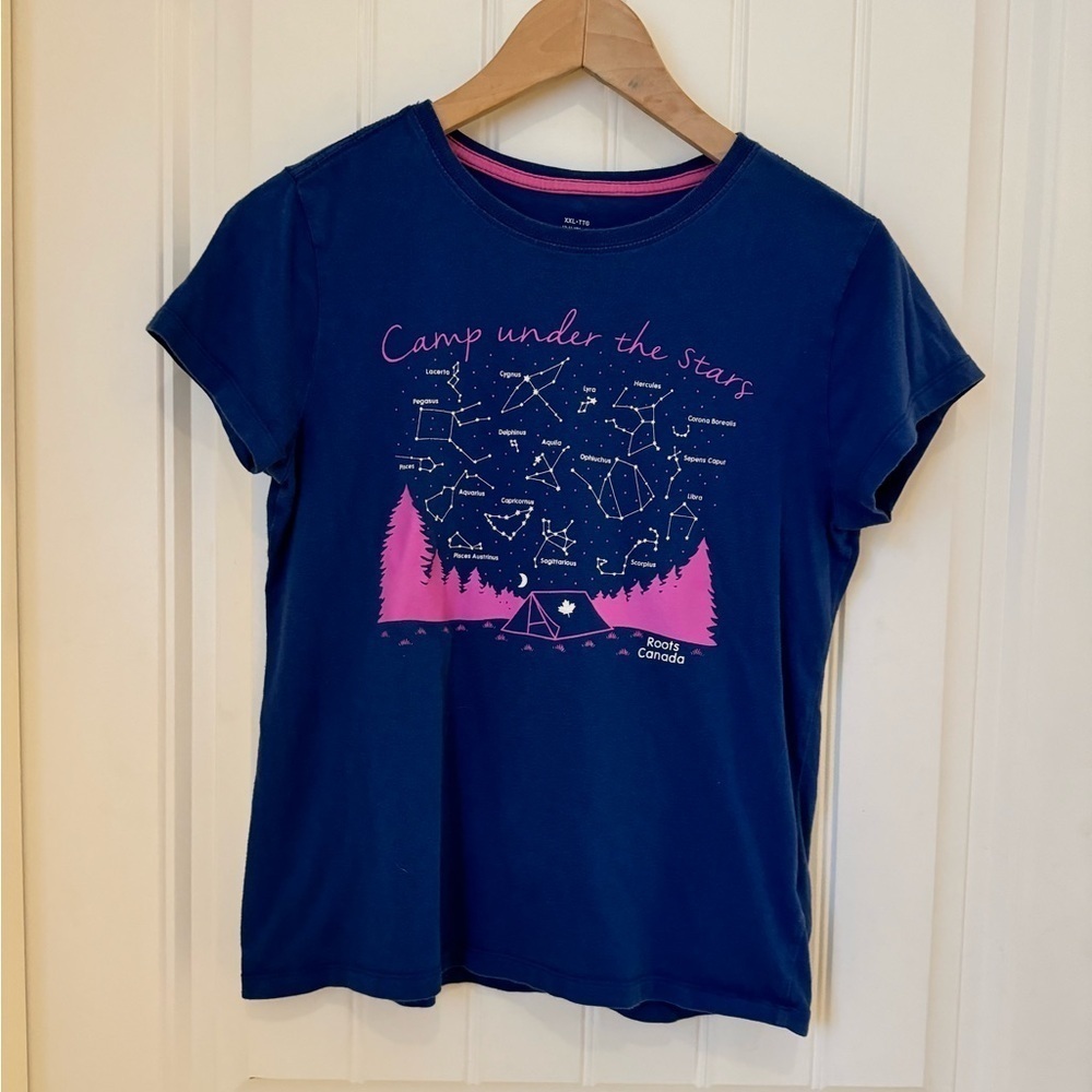 Roots Youth Blue and Pink Constellation “Camp Under the Stars” T-Shirt. Size XXL